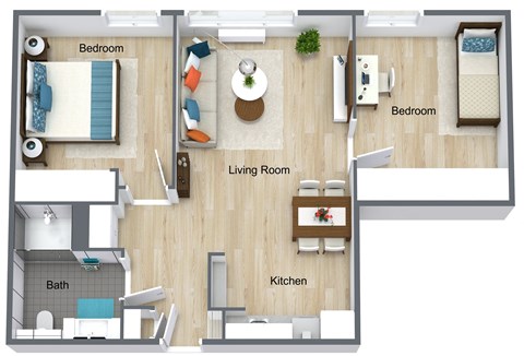 Floor plan for 2 beds, 1 bath, 755 sqft